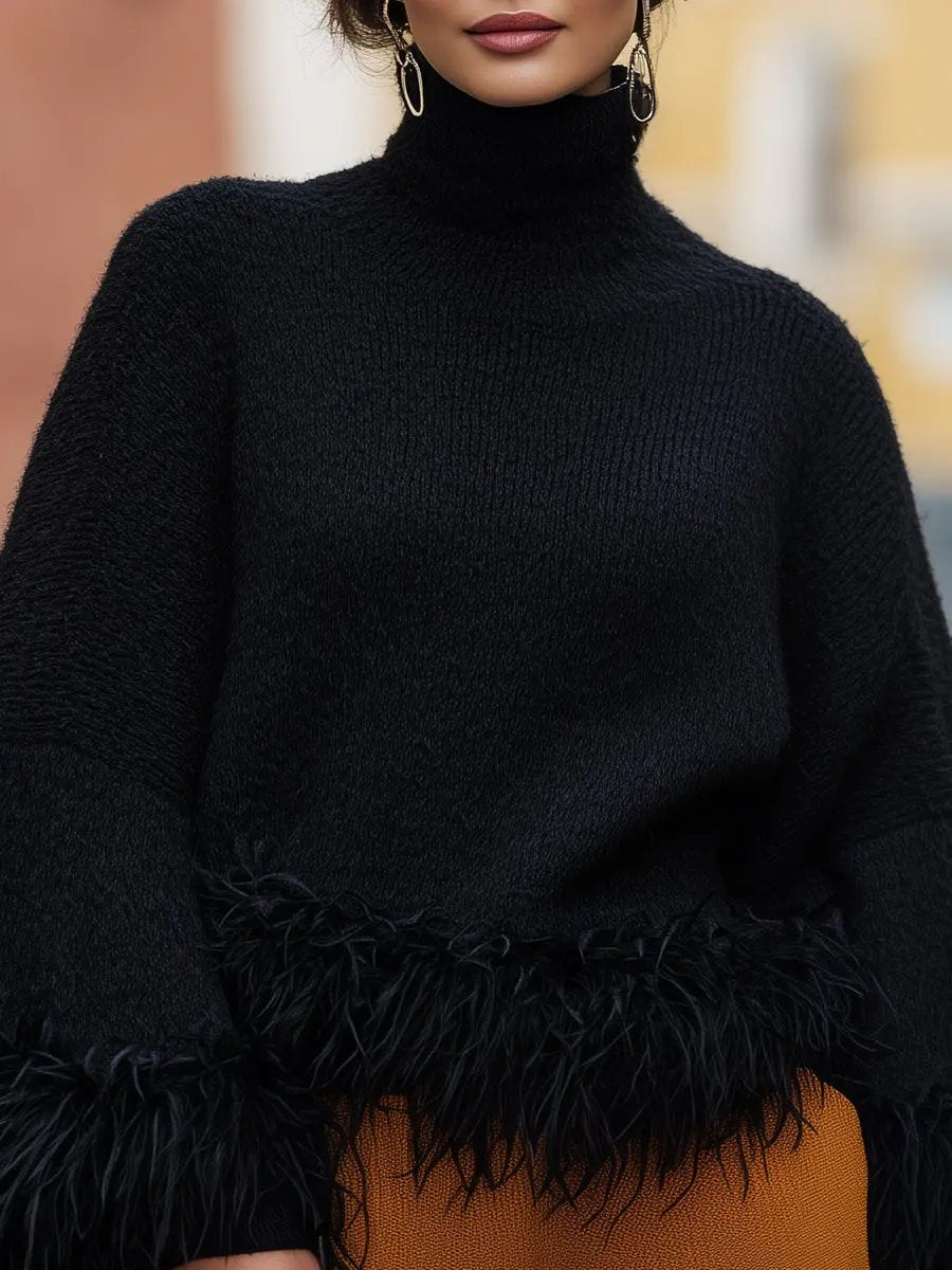 Feather-Trim Turtleneck Knit - Sweater CAAYWORLD