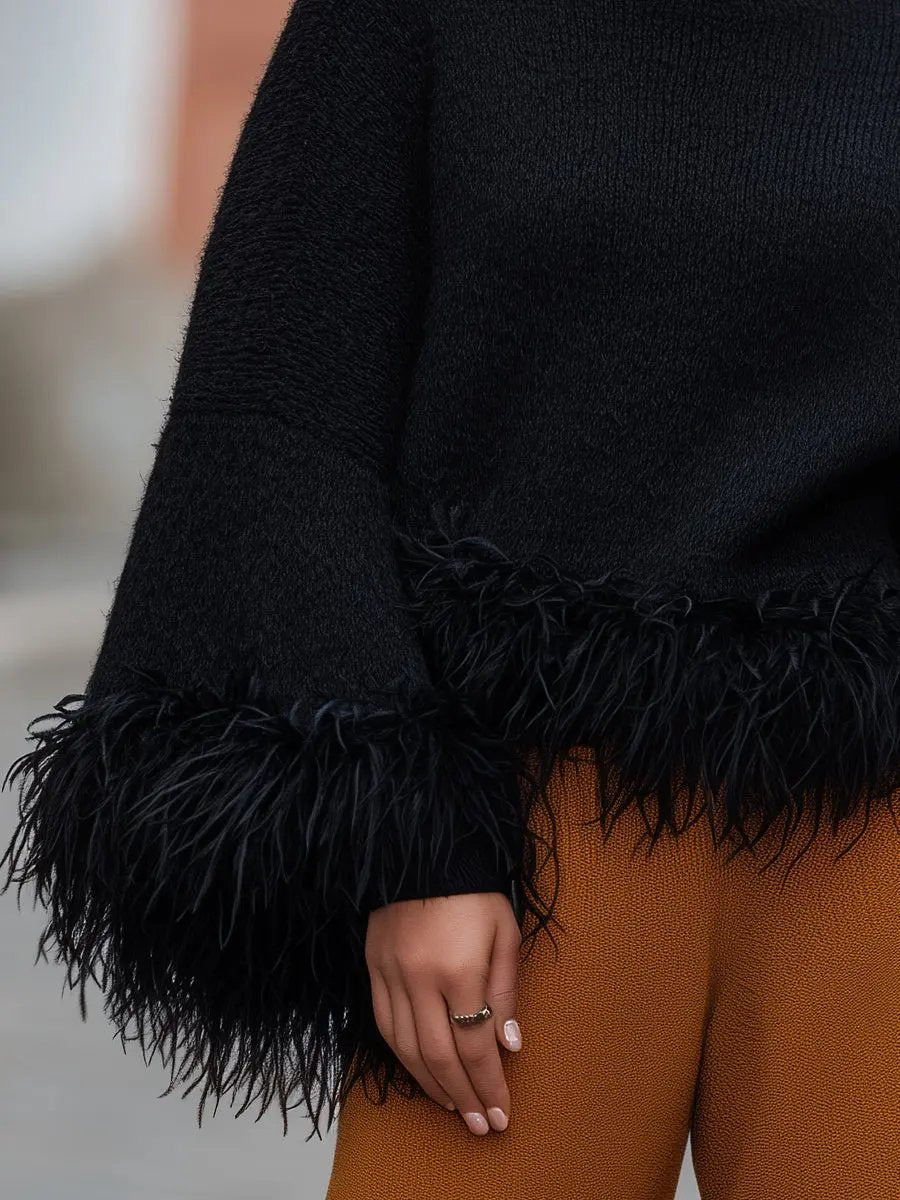 Feather-Trim Turtleneck Knit - Sweater CAAYWORLD