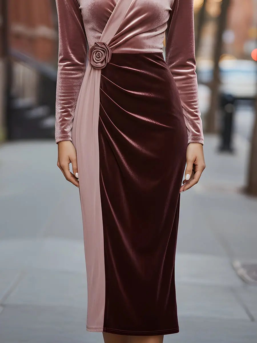 Floral Appliqué with Velvet Contrast - Midi Dress CAAYWORLD