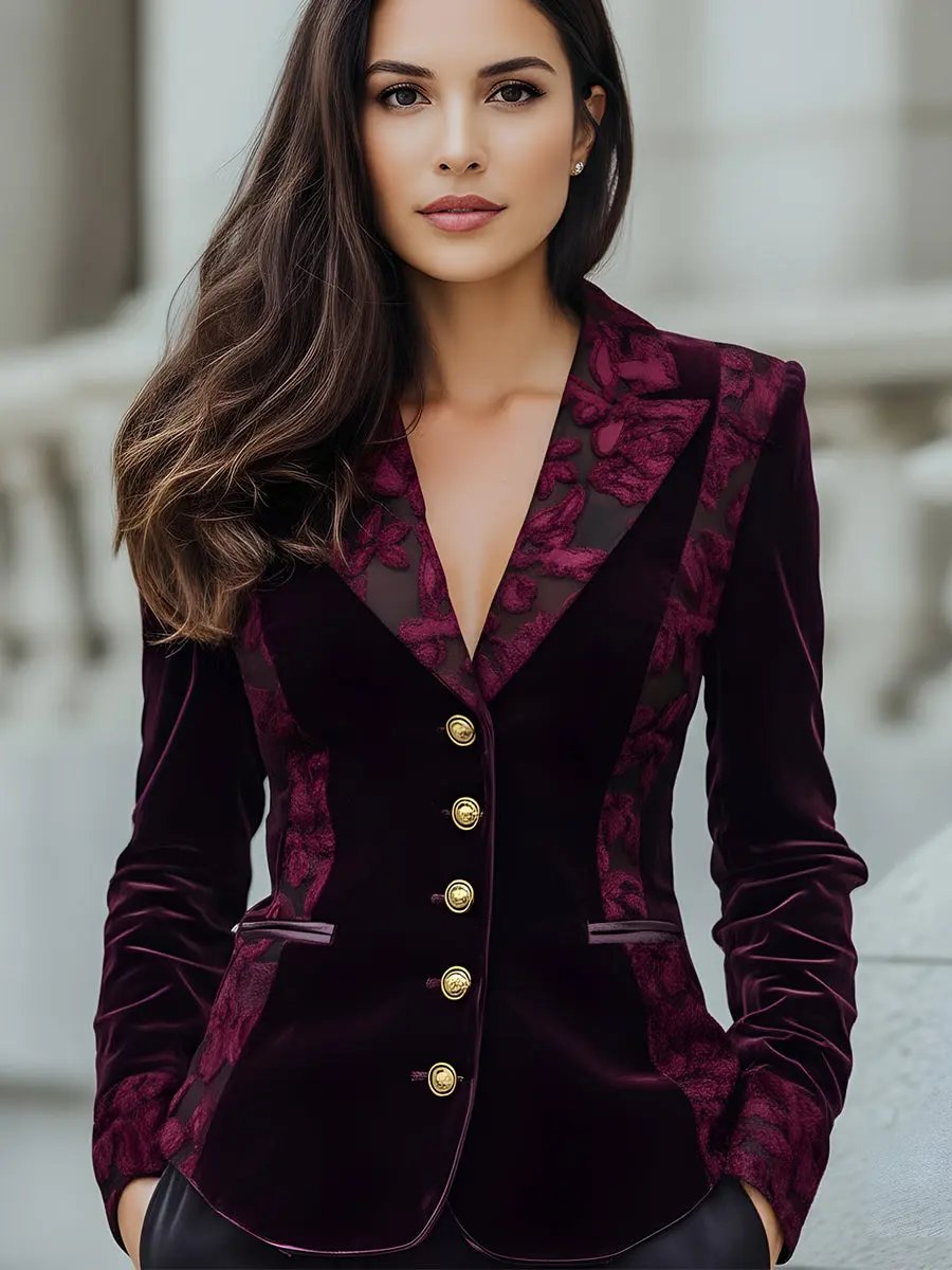 Floral Velvet with Sheer Jacquard Panels - Blazer CAAYWORLD
