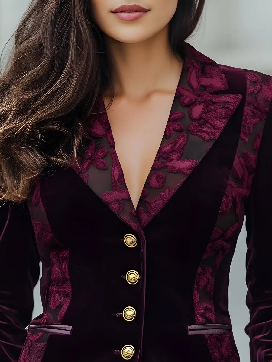 Floral Velvet with Sheer Jacquard Panels - Blazer CAAYWORLD