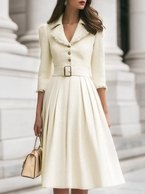 Fringed-Trim Tweed Belted Dress - Midi Dress CAAYWORLD
