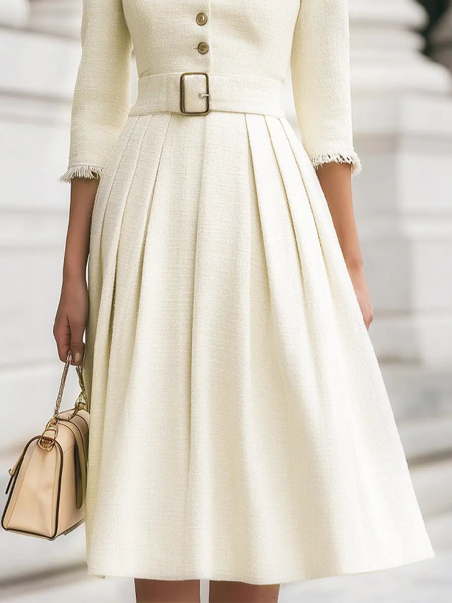 Fringed-Trim Tweed Belted Dress - Midi Dress CAAYWORLD