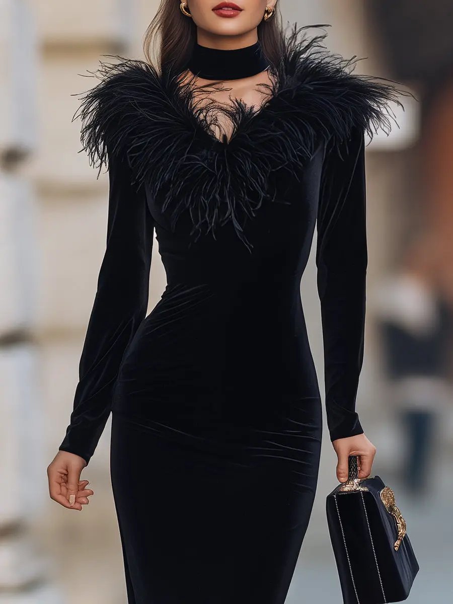 Glamorous Black Velvet Feather-Trim Evening Gown - Maxi Dress CAAYWORLD