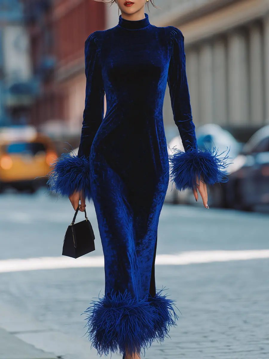 Glamorous Royal Blue Velvet Feather-Trim Party Dress - Mini Dress CAAYWORLD