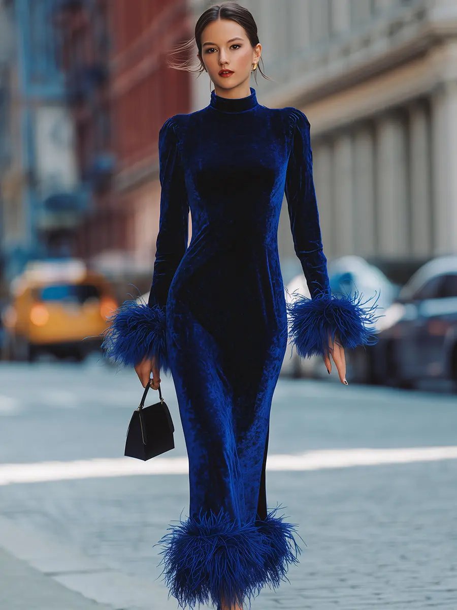 Glamorous Royal Blue Velvet Feather-Trim Party Dress - Mini Dress CAAYWORLD