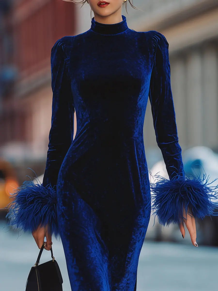 Glamorous Royal Blue Velvet Feather-Trim Party Dress - Mini Dress CAAYWORLD