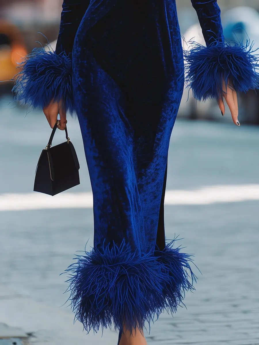 Glamorous Royal Blue Velvet Feather-Trim Party Dress - Mini Dress CAAYWORLD