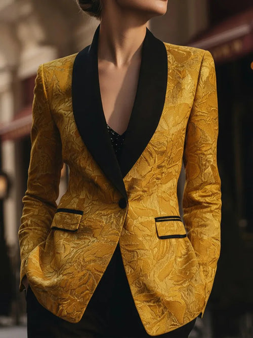 Golden Jacquard with Black Contrast Lapel - Tailored Blazer CAAYWORLD