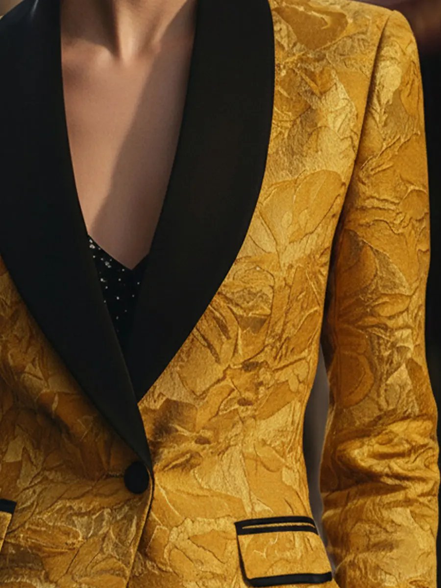 Golden Jacquard with Black Contrast Lapel - Tailored Blazer CAAYWORLD