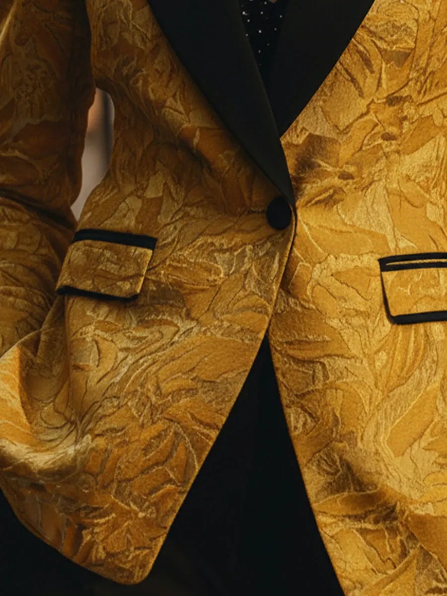 Golden Jacquard with Black Contrast Lapel - Tailored Blazer CAAYWORLD