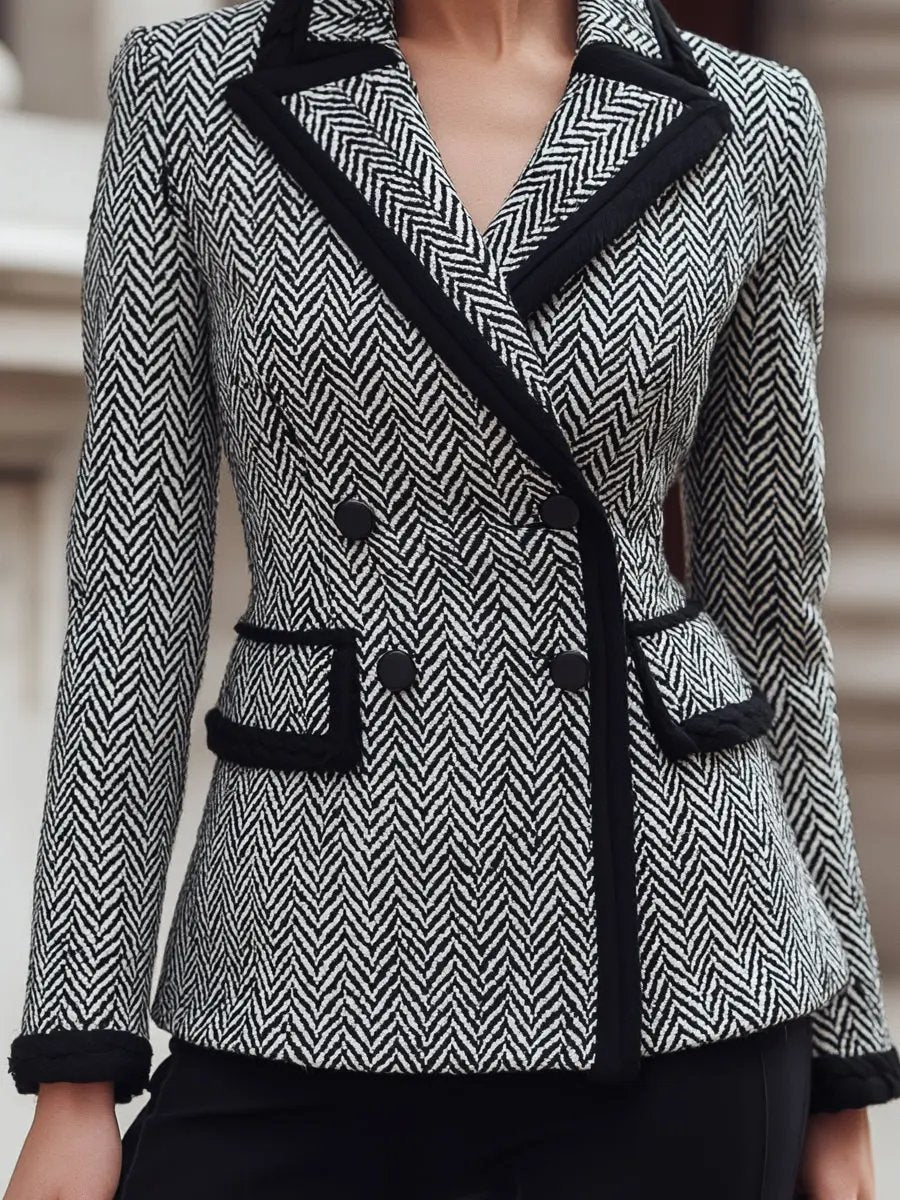 Herringbone Wool-Blend Contrast Trim - Blazer CAAYWORLD