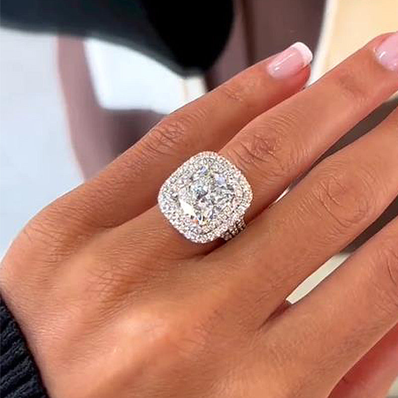 Stunning Double Halo Three Shank Cushion Cut Sterling Silver Engagement Ring hot