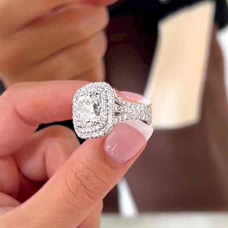 Stunning Double Halo Three Shank Cushion Cut Sterling Silver Engagement Ring hot