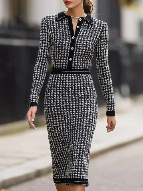 Houndstooth Knit With Contrast Collar - Midi Dress CAAYWORLD