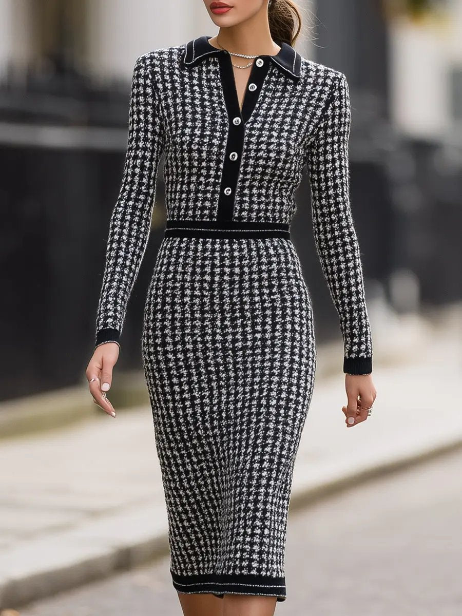 Houndstooth Knit With Contrast Collar - Midi Dress CAAYWORLD