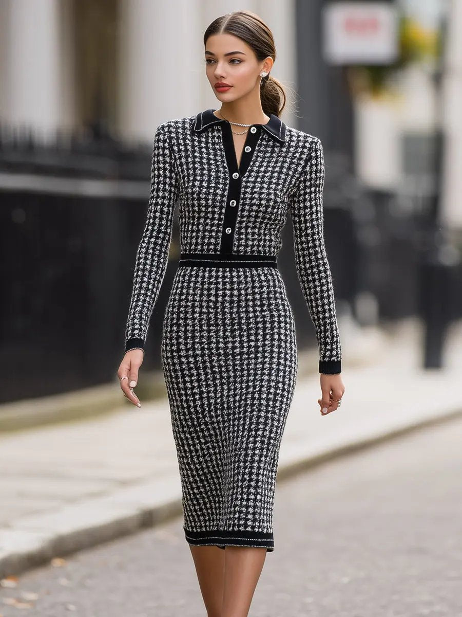Houndstooth Knit With Contrast Collar - Midi Dress CAAYWORLD