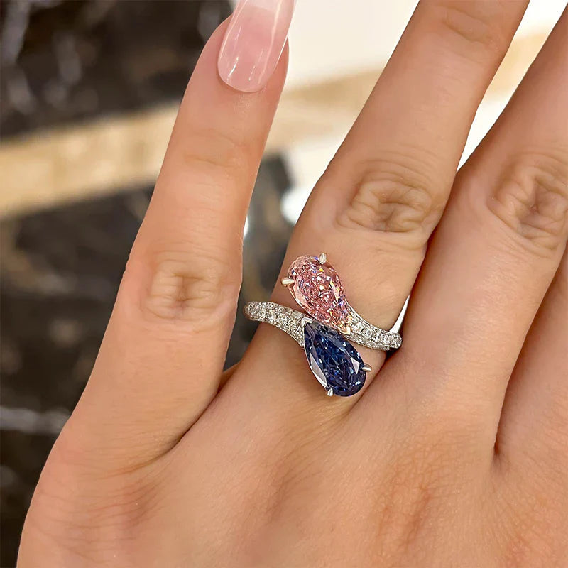 Vintage Pear Cut Blue & Pink Engagement Ring In Sterling Silver shineofdiamond
