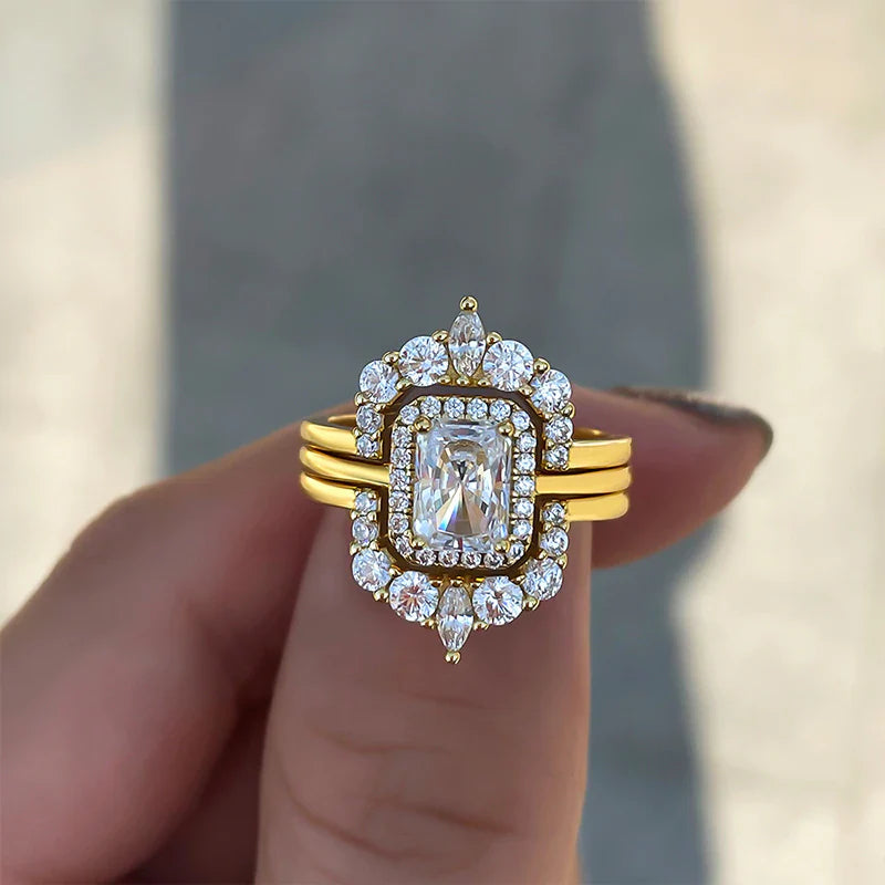 Radiant Cut 3PC Sterling Silver Bridal Sets In Golden Tone Shineofdiamond