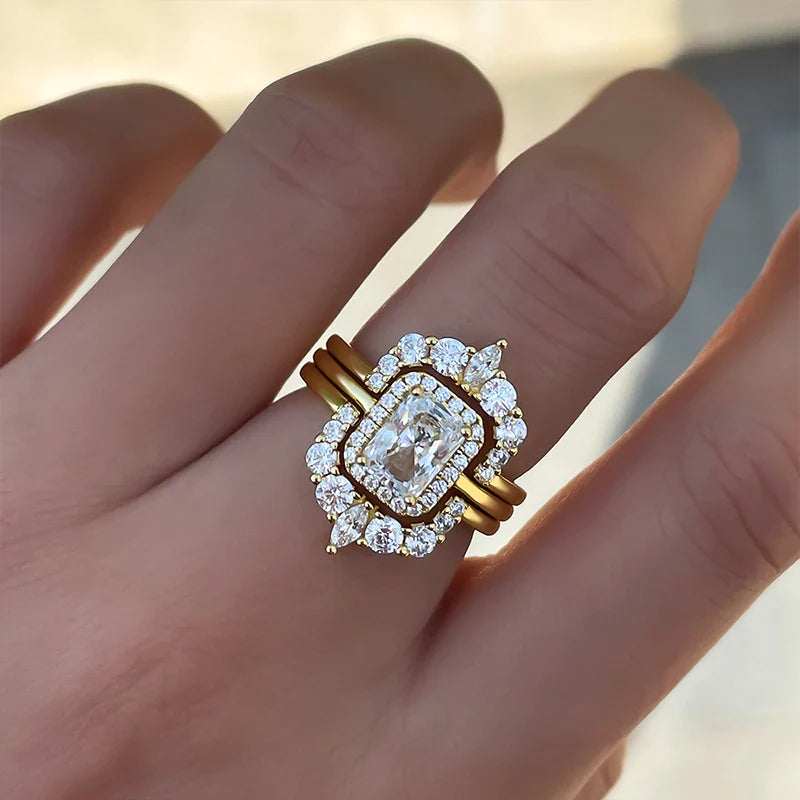 Radiant Cut 3PC Sterling Silver Bridal Sets In Golden Tone Shineofdiamond