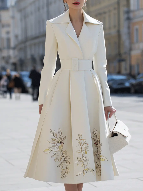 Ivory Belted Floral-Embroidered Trench - Coat Dress CAAYWORLD
