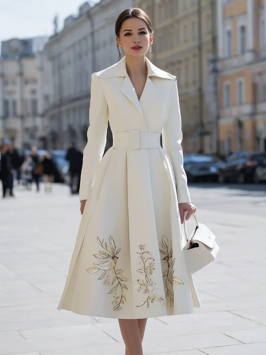 Ivory Belted Floral-Embroidered Trench - Coat Dress CAAYWORLD