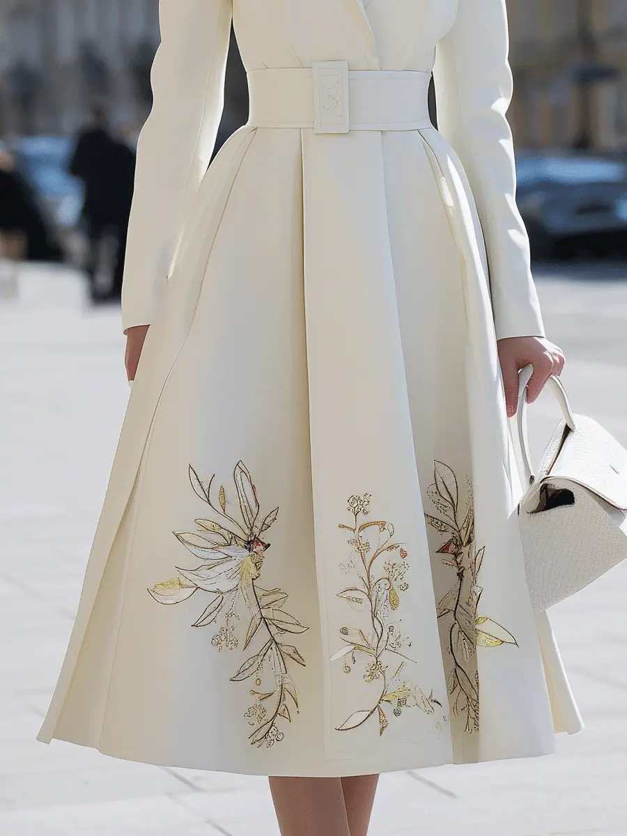 Ivory Belted Floral-Embroidered Trench - Coat Dress CAAYWORLD