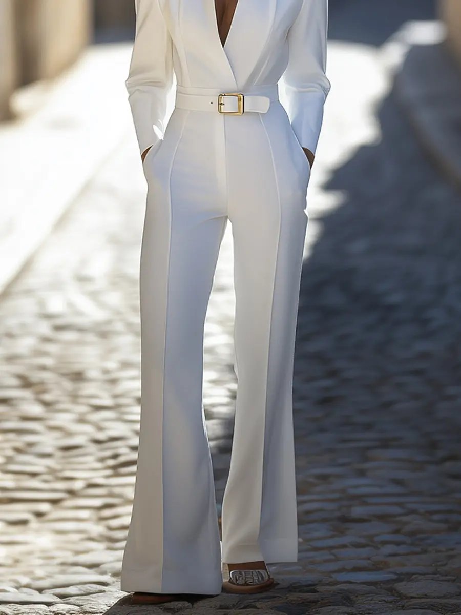Ivory Belted Power Tailored Workwear for Women - Jumpsuit CAAYWORLD