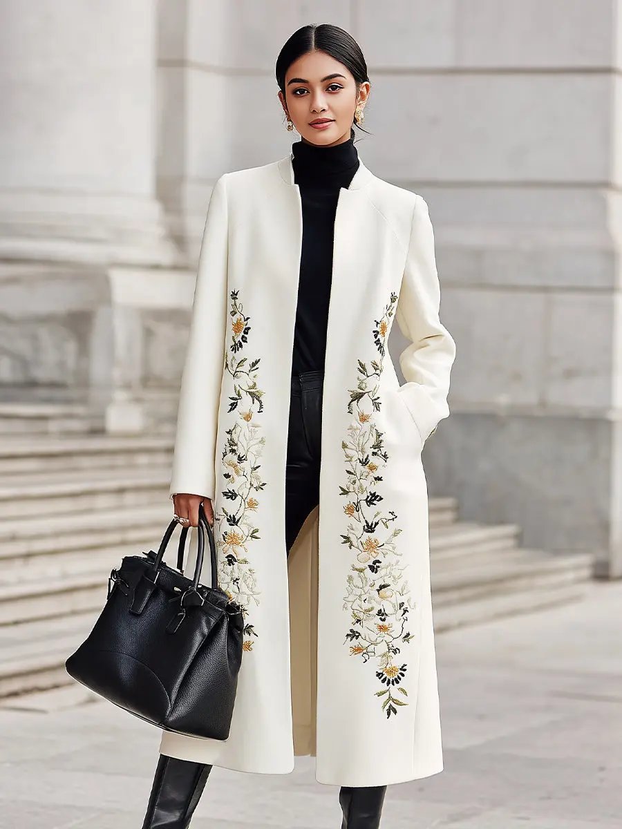 Ivory Embroidered Longline Silhouette - Longline Coat CAAYWORLD
