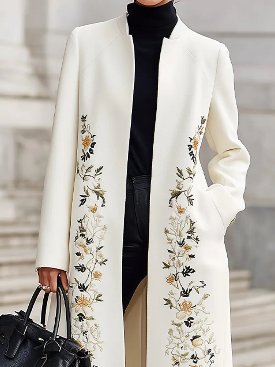 Ivory Embroidered Longline Silhouette - Longline Coat CAAYWORLD
