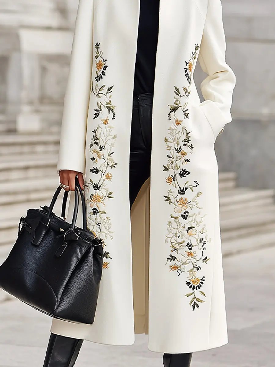 Ivory Embroidered Longline Silhouette - Longline Coat CAAYWORLD