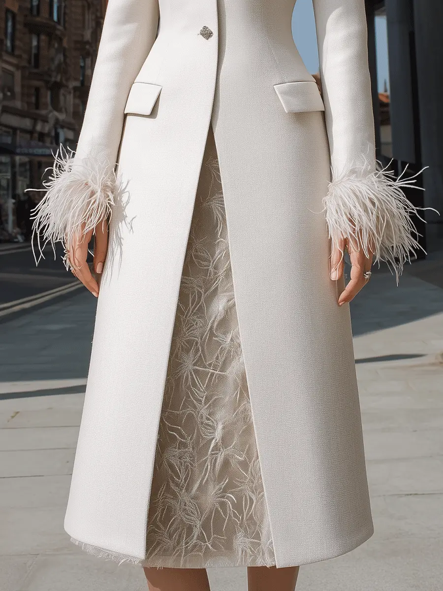 Ivory Feather-Cuff Embellished Longline Coat-Dress - Maxi Dress CAAYWORLD