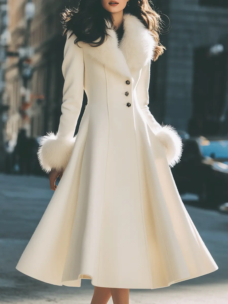 Ivory Flared Coat with Faux Fur Collar & Cuffs - Coat CAAYWORLD