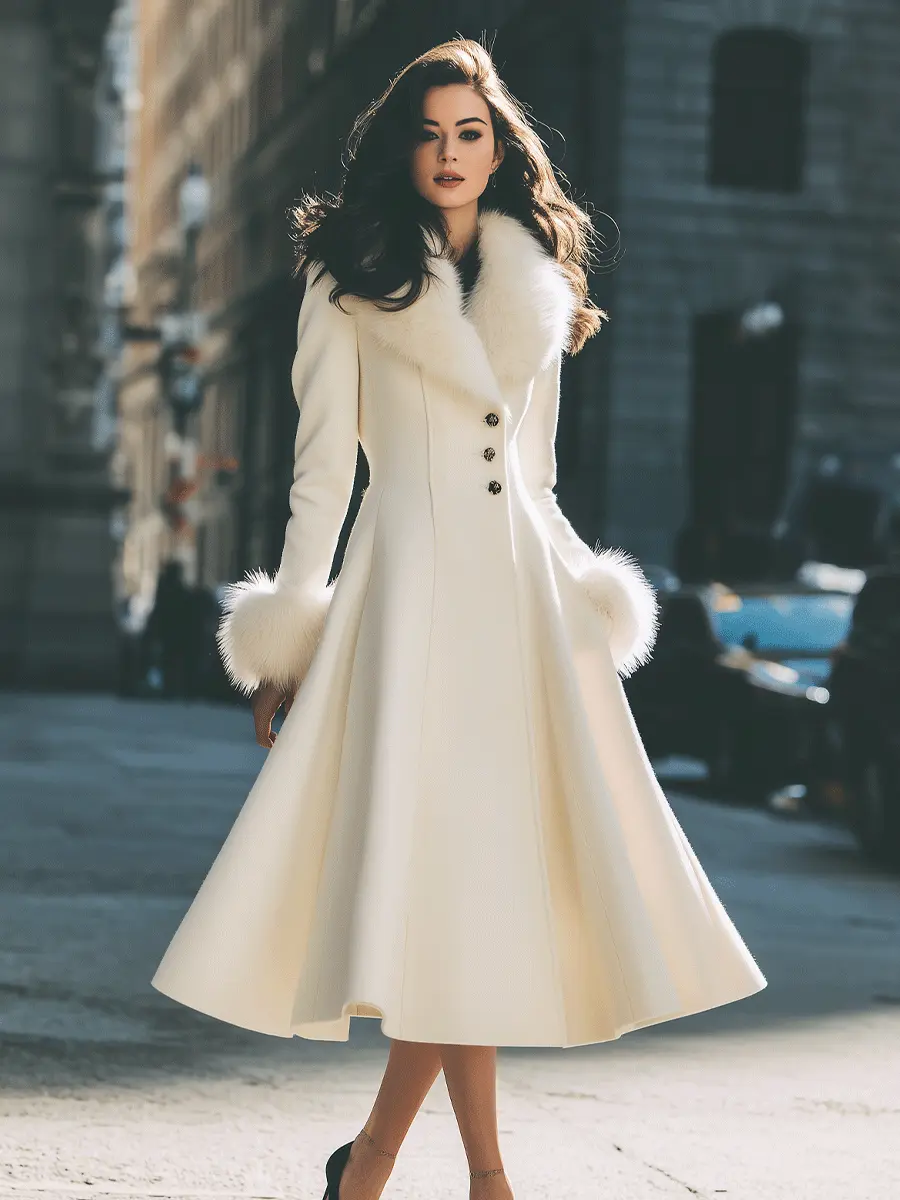 Ivory Flared Coat with Faux Fur Collar & Cuffs - Coat CAAYWORLD