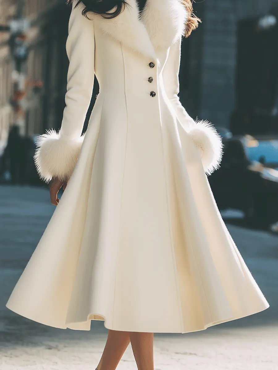 Ivory Flared Coat with Faux Fur Collar & Cuffs - Coat CAAYWORLD
