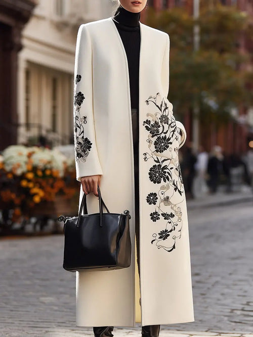 Ivory Floral-Embroidered Longline Coat - Longline Coat CAAYWORLD