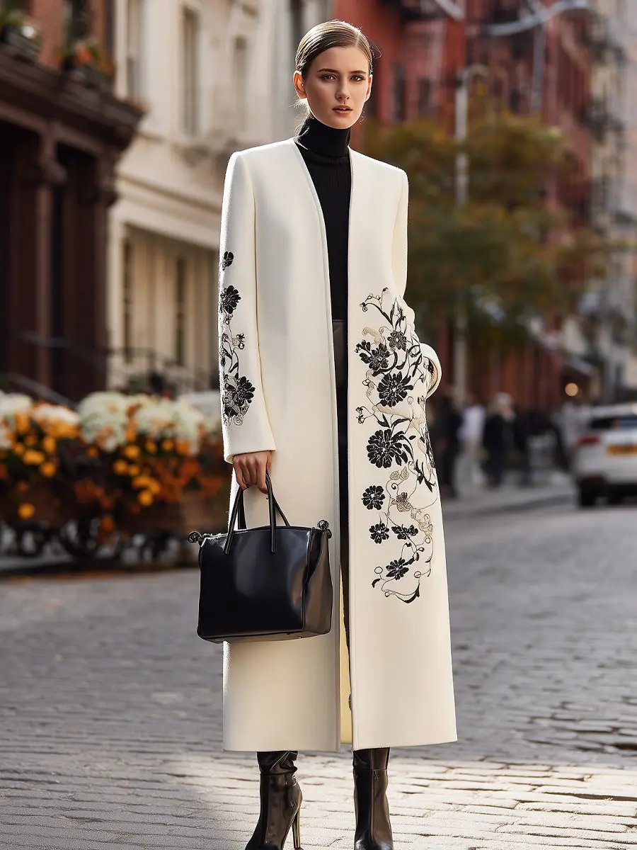 Ivory Floral-Embroidered Longline Coat - Longline Coat CAAYWORLD