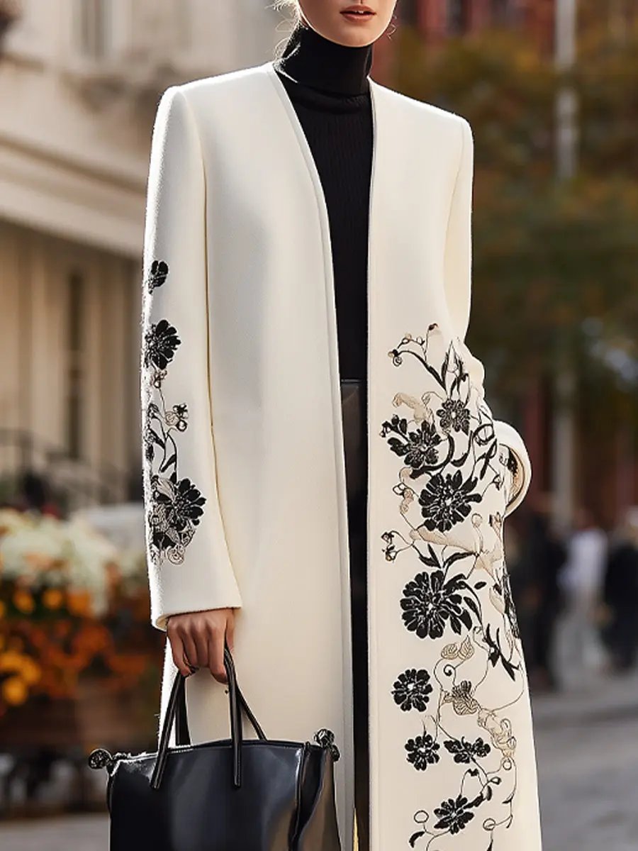 Ivory Floral-Embroidered Longline Coat - Longline Coat CAAYWORLD