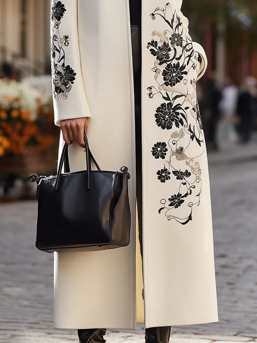 Ivory Floral-Embroidered Longline Coat - Longline Coat CAAYWORLD