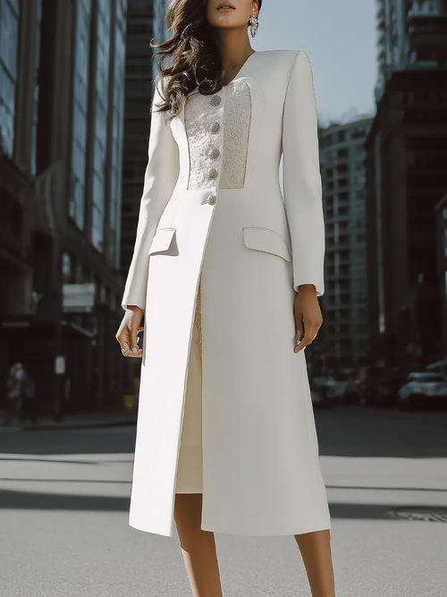Ivory Longline Coat with Textured Contrast Panel & Silver Buttons - Coat CAAYWORLD