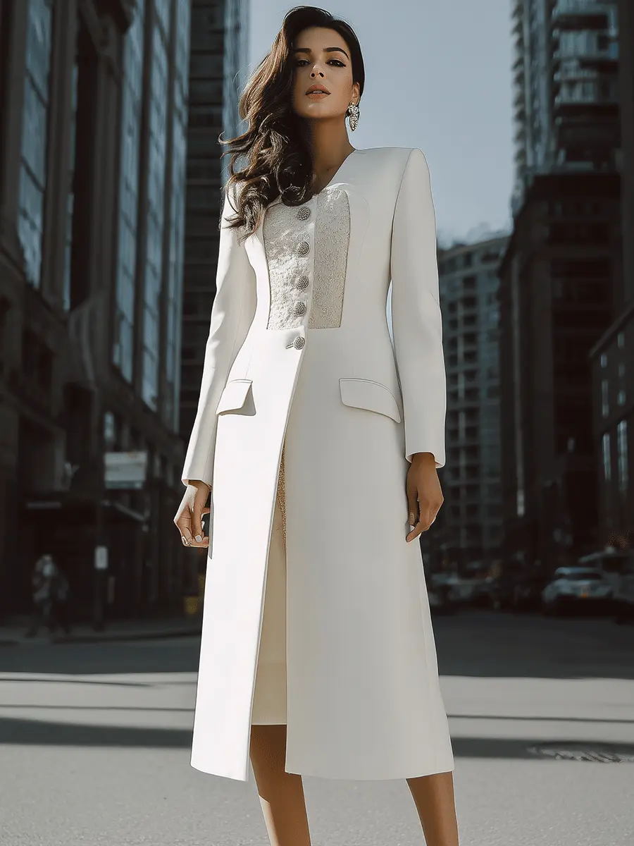 Ivory Longline Coat with Textured Contrast Panel & Silver Buttons - Coat CAAYWORLD