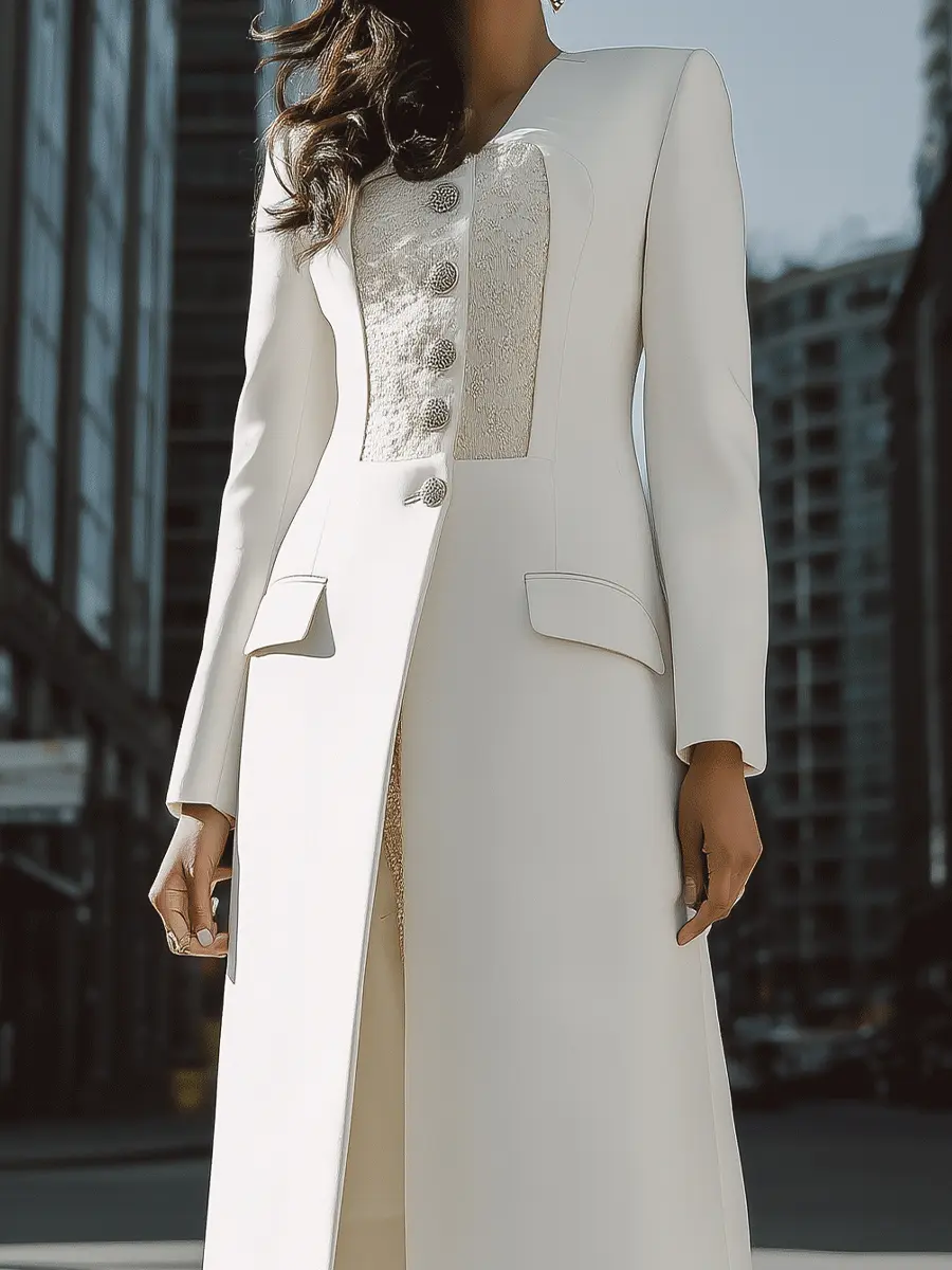 Ivory Longline Coat with Textured Contrast Panel & Silver Buttons - Coat CAAYWORLD