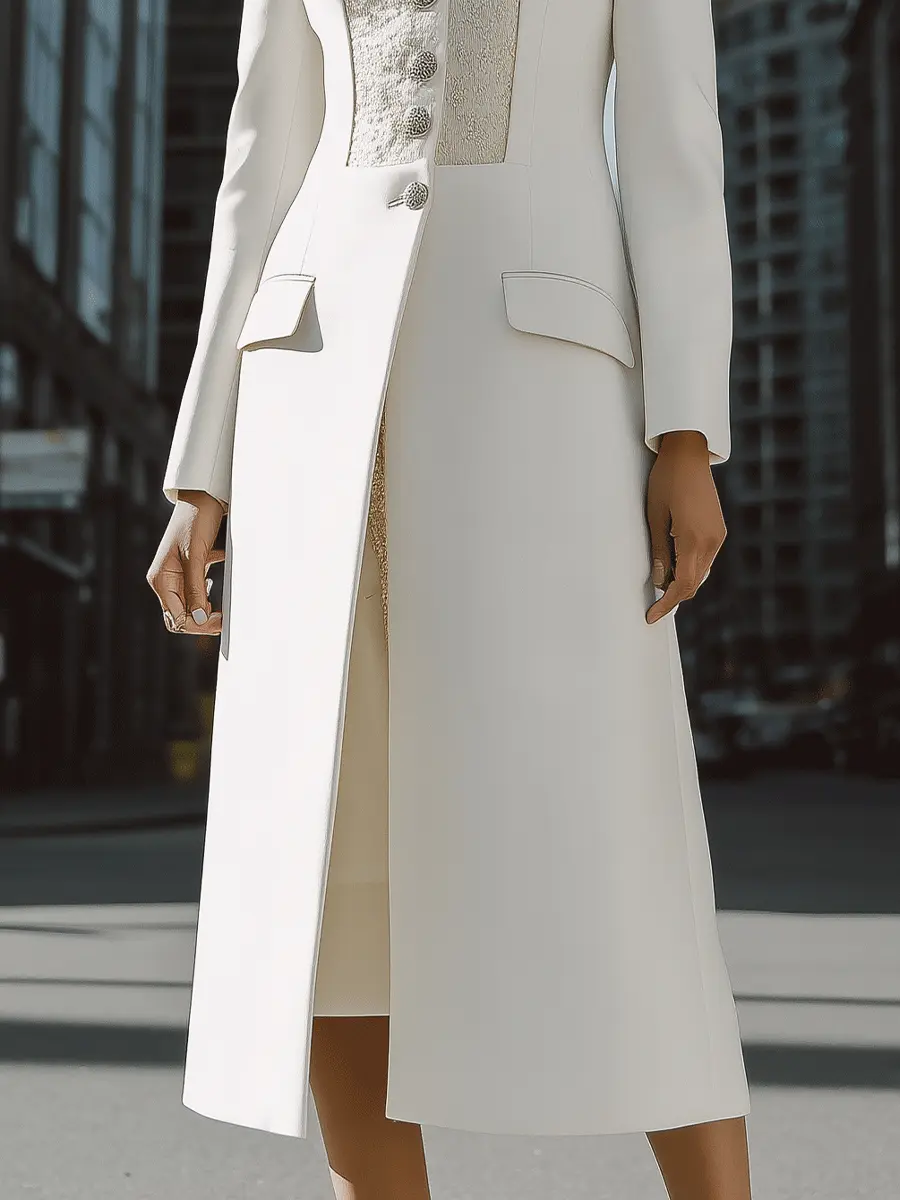 Ivory Longline Coat with Textured Contrast Panel & Silver Buttons - Coat CAAYWORLD