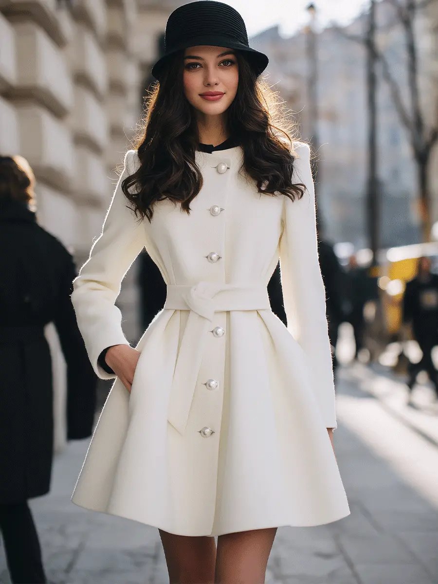 Ivory Pearl-Button Short Coat With Waist Tie - Coat CAAYWORLD