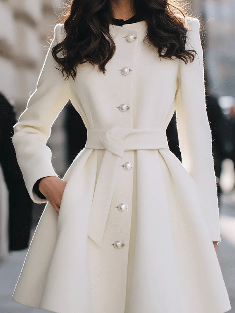 Ivory Pearl-Button Short Coat With Waist Tie - Coat CAAYWORLD