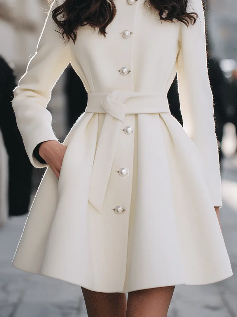 Ivory Pearl-Button Short Coat With Waist Tie - Coat CAAYWORLD