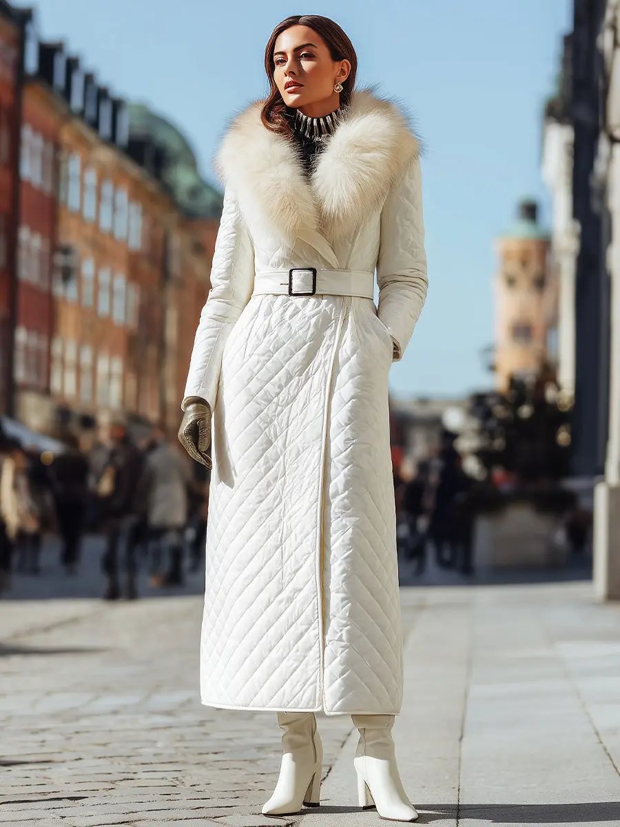 Ivory Quilted Coat With Faux Fur Collar And Belted Waist - Coat CAAYWORLD