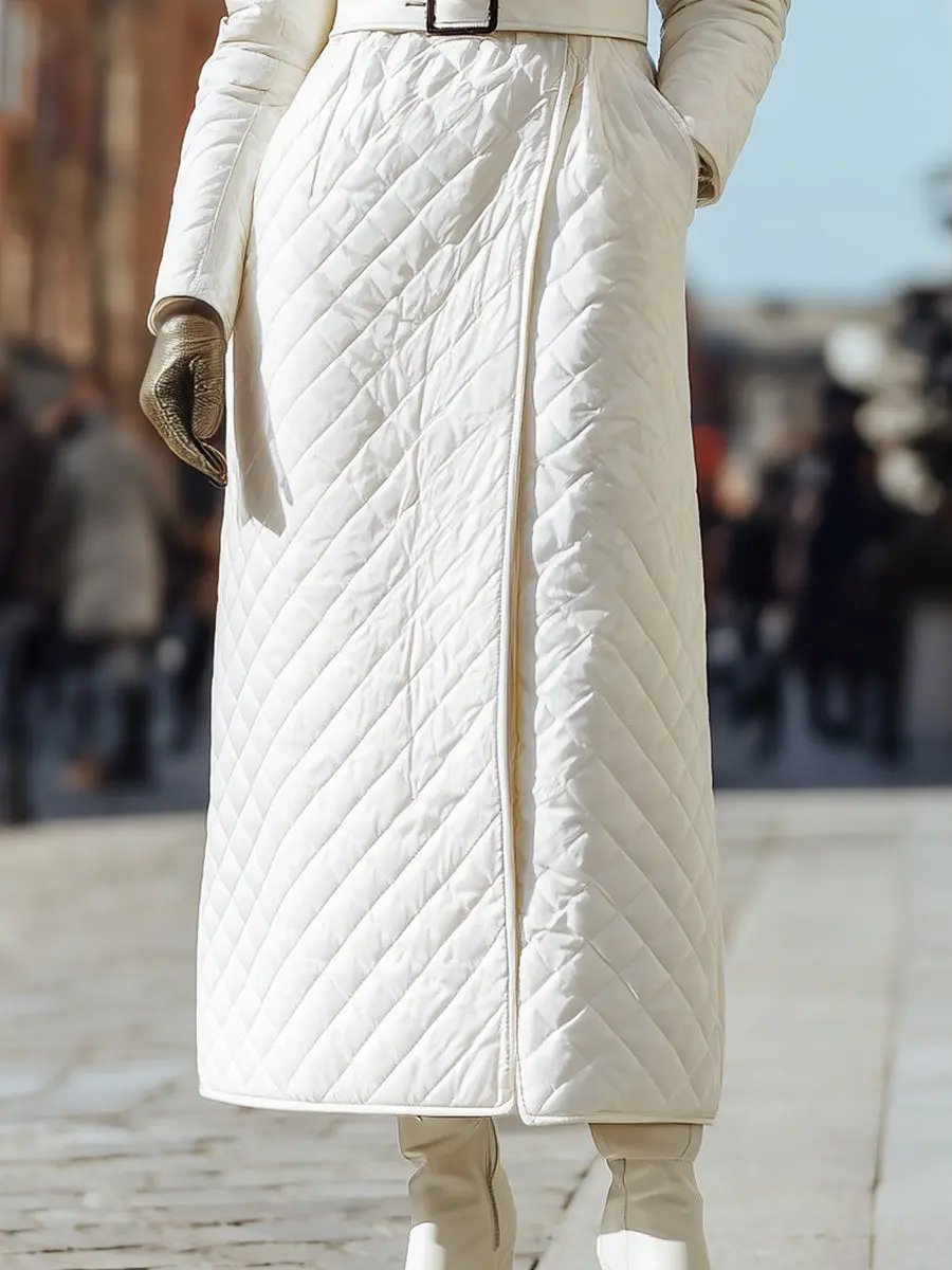 Ivory Quilted Coat With Faux Fur Collar And Belted Waist - Coat CAAYWORLD