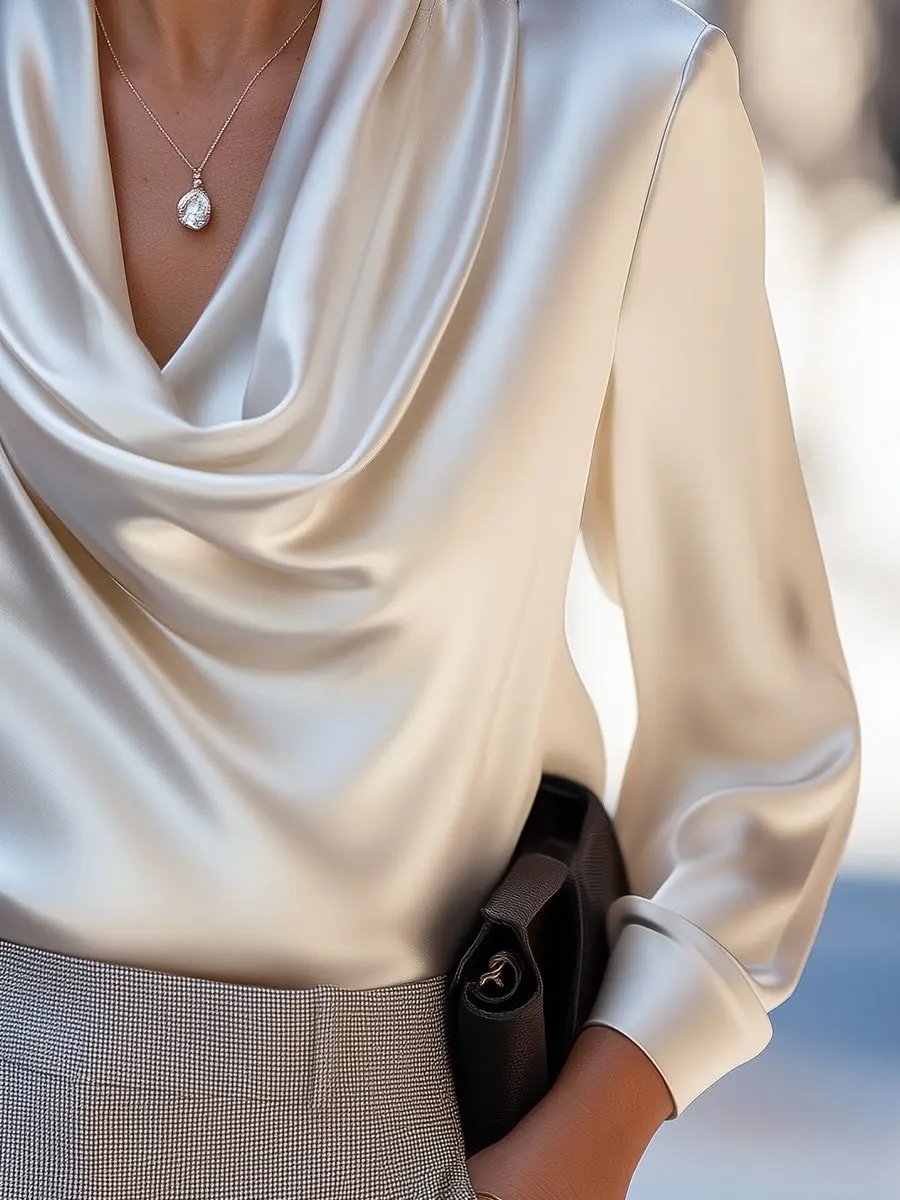 Ivory Satin Draped Cowl-Neck - Blouse CAAYWORLD