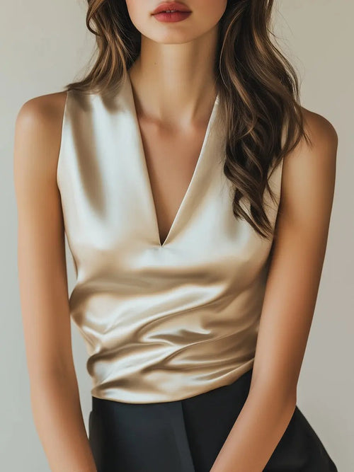 Ivory Satin Draped Details - Satin Top CAAYWORLD